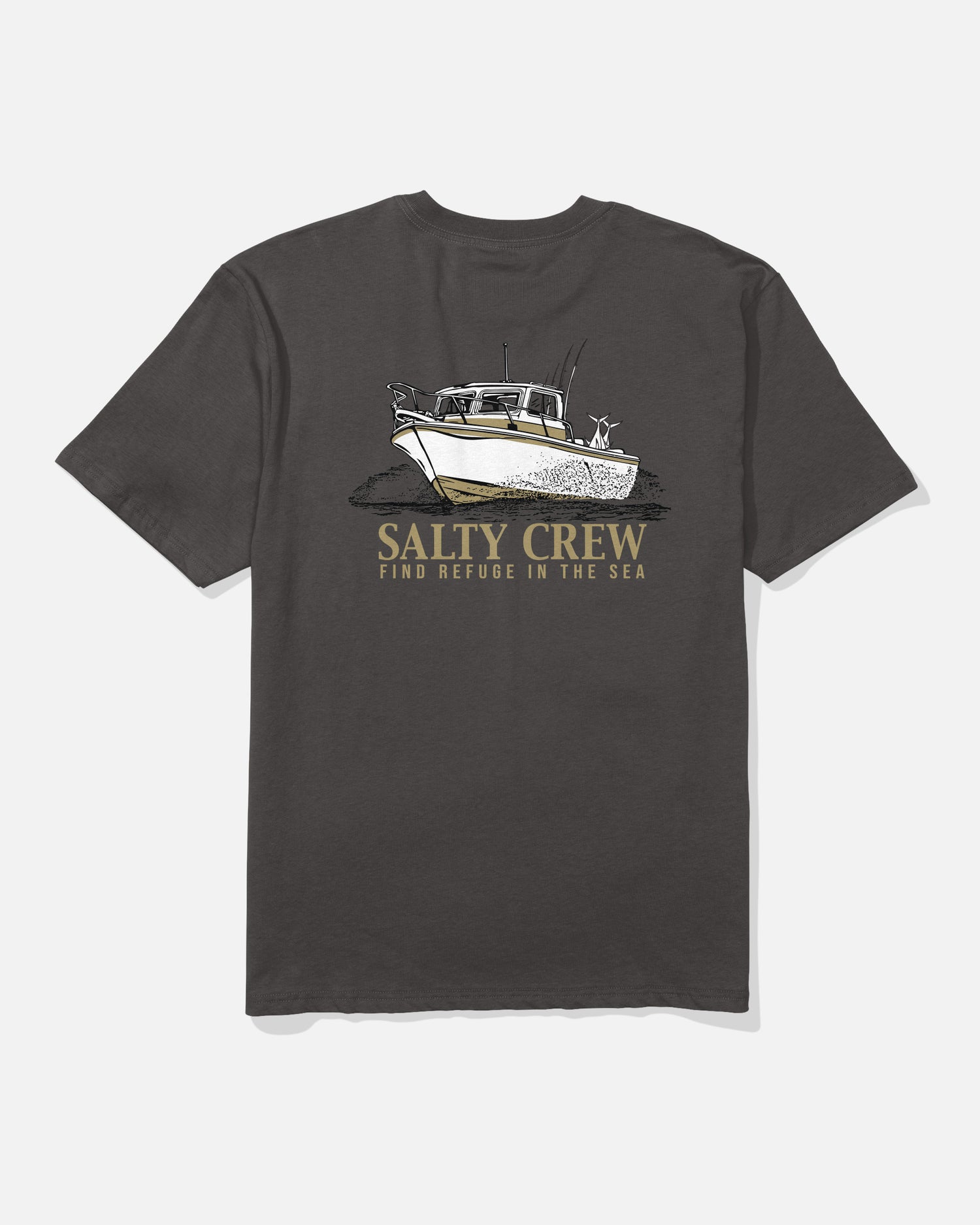 The Throttle Original Tee by Salty Crew is a dark grey t-shirt made from soft spun, 100% cotton, featuring a screenprinted graphic of a fishing boat and a dog on the back, with “SALTY CREW” and “FIND REFUGE IN THE SEA” printed in yellow and white lettering.