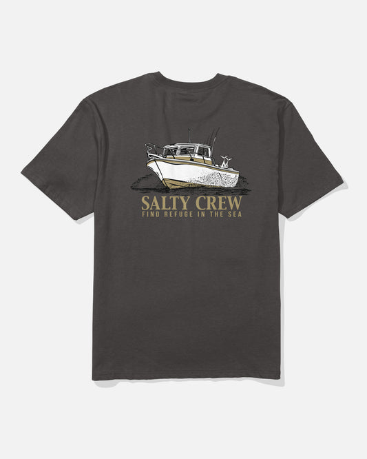 The Throttle Original Tee by Salty Crew is a dark grey t-shirt made from soft spun, 100% cotton, featuring a screenprinted graphic of a fishing boat and a dog on the back, with “SALTY CREW” and “FIND REFUGE IN THE SEA” printed in yellow and white lettering.