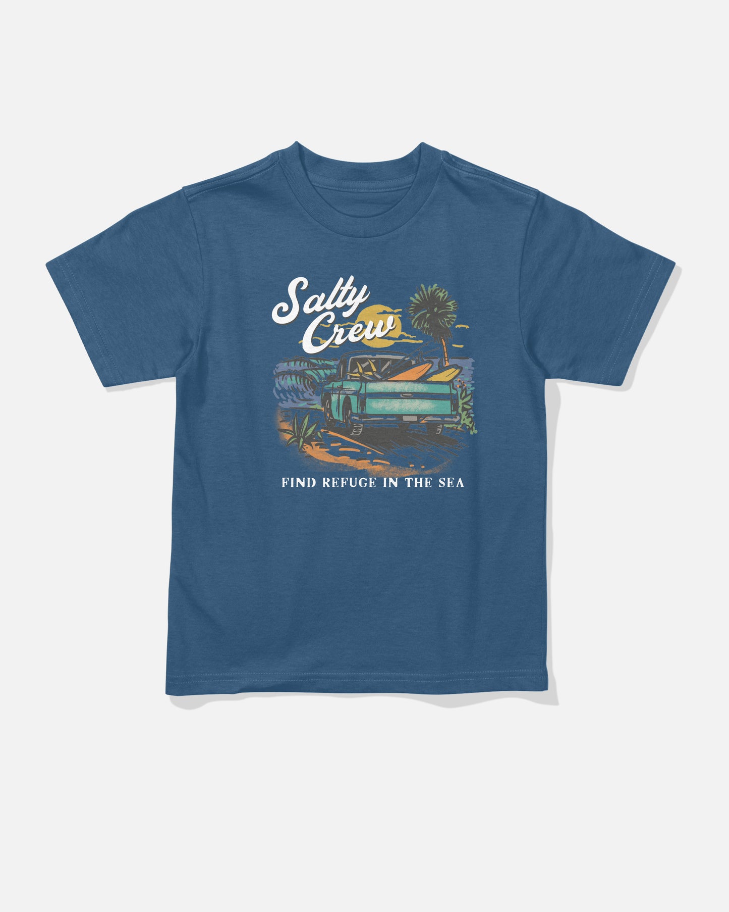 The Salty Crew Truck Bed Toddler Tee in Cast Blue is a combed ringspun cotton t-shirt featuring a screenprinted graphic of a truck, surfboards, palm trees, and the words “Salty Crew” above “Find Refuge in the Sea” on the front.