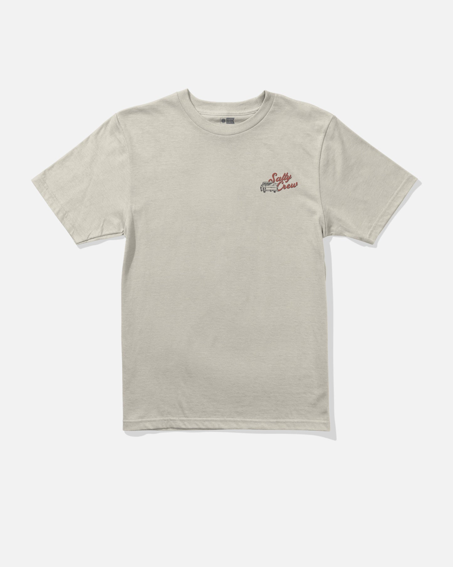 The Salty Crew Truck Bed Boys Tee in Bone is a short-sleeve combed ringspun cotton t-shirt featuring a small red and black Sole Crew logo screenprinted on the left chest. The shirt is displayed laid flat against a plain white background.
