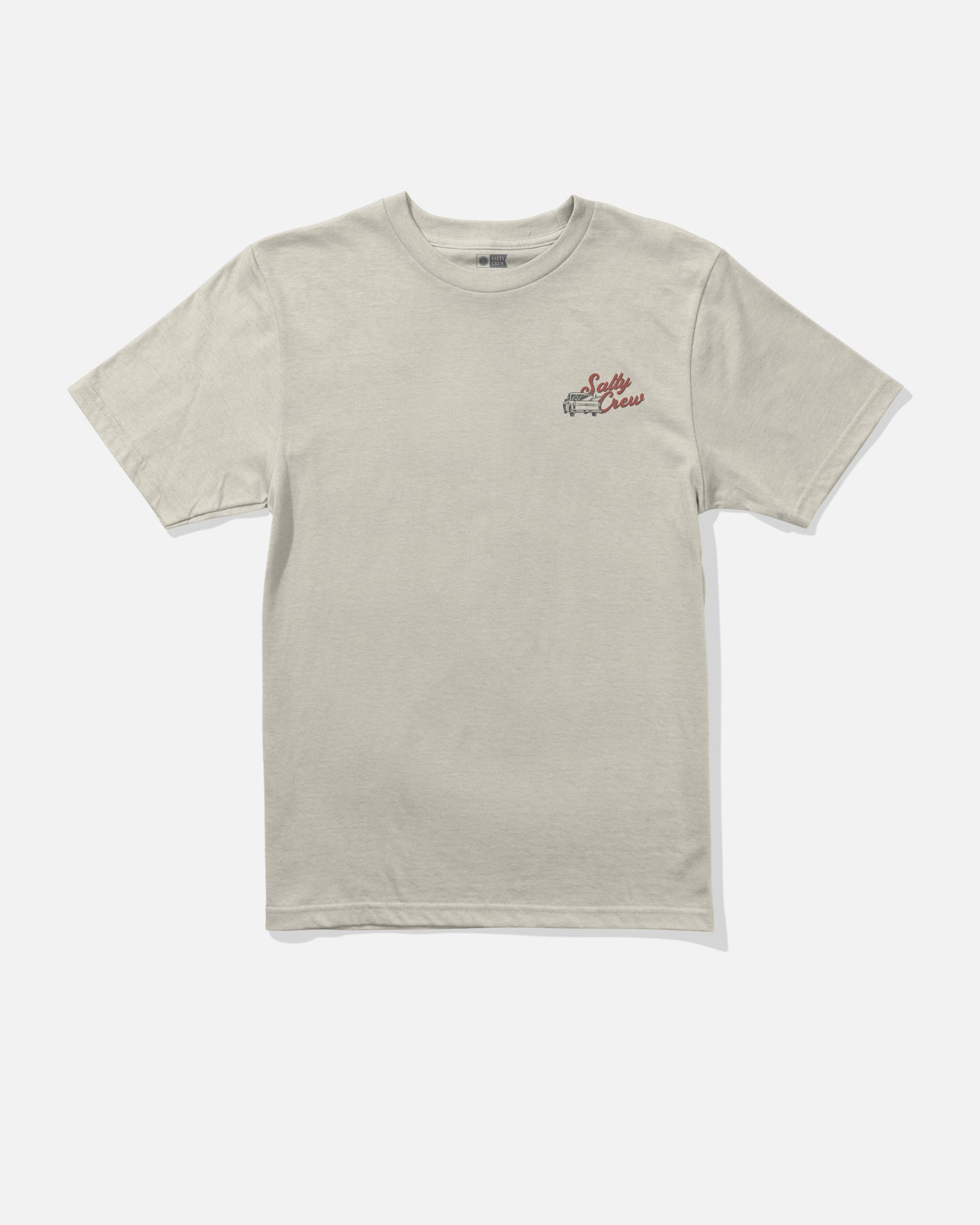 The Salty Crew Truck Bed Boys Tee in Bone is a short-sleeve combed ringspun cotton t-shirt featuring a small red and black Sole Crew logo screenprinted on the left chest. The shirt is displayed laid flat against a plain white background.