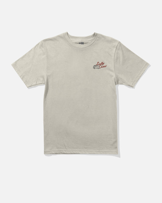 The Salty Crew Truck Bed Boys Tee in Bone is a short-sleeve combed ringspun cotton t-shirt featuring a small red and black Sole Crew logo screenprinted on the left chest. The shirt is displayed laid flat against a plain white background.