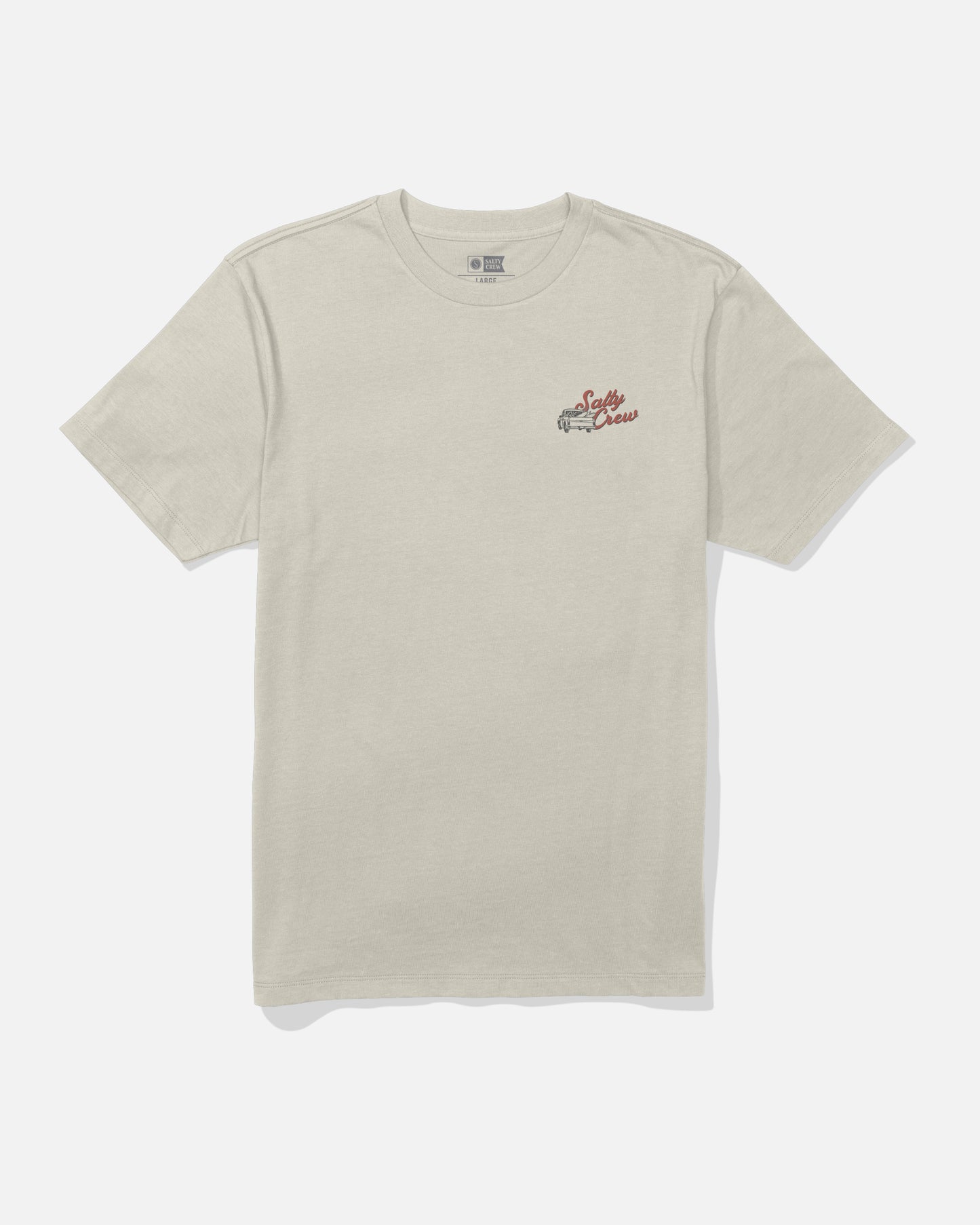 The Salty Crew Truck Bed Crew Tee in Bone is a beige short-sleeve combed ringspun cotton t-shirt featuring a small red and brown screenprinted graphic and text on the left chest, shown laid flat on a plain white background.