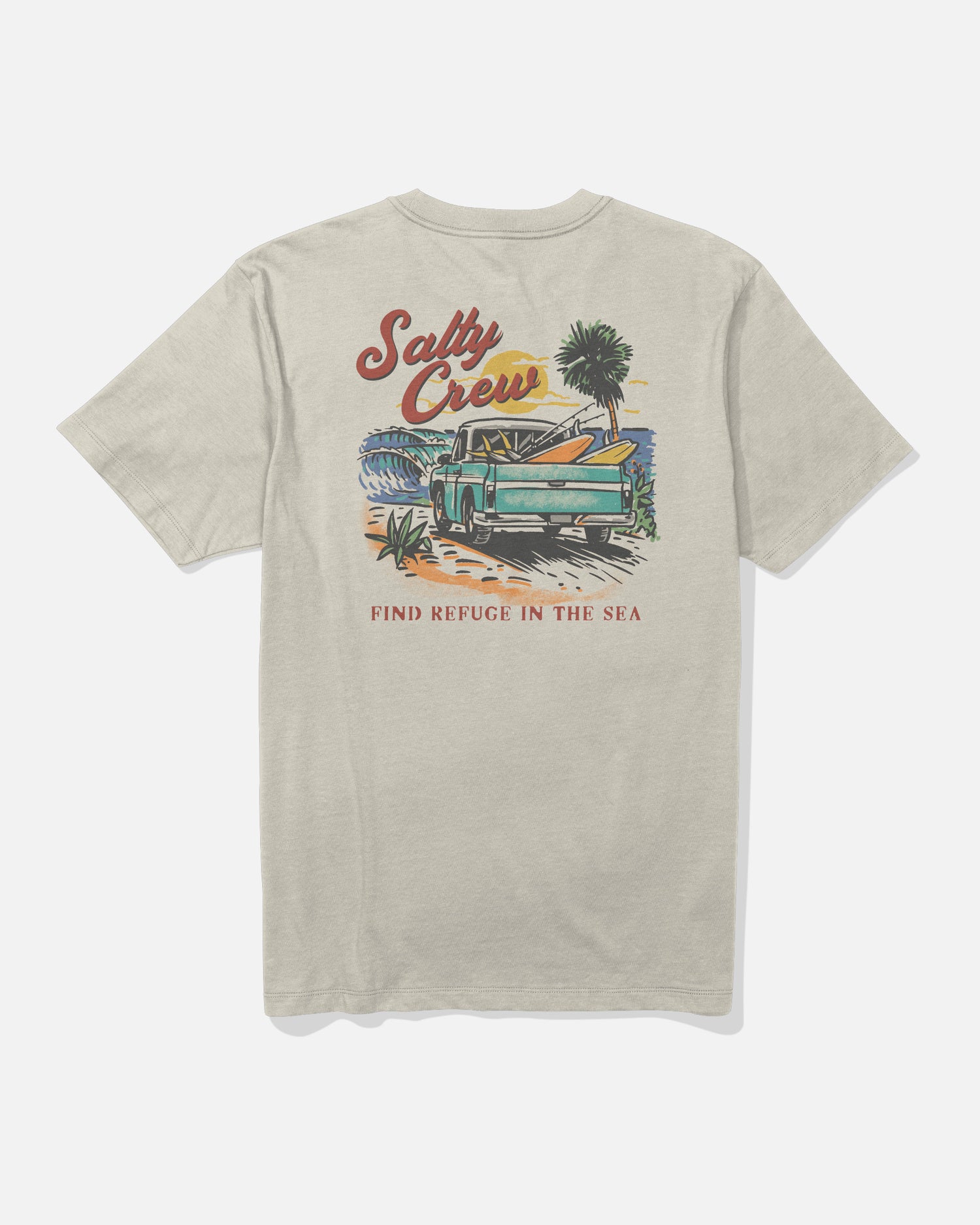 The Truck Bed Crew Tee - Bone by Salty Crew is a beige combed ringspun cotton t-shirt featuring a screenprinted graphic of a green truck with surfboards, palm trees, and beach scenery. The text “Salty Crew” appears at the top and “Find Refuge in the Sea” at the bottom.