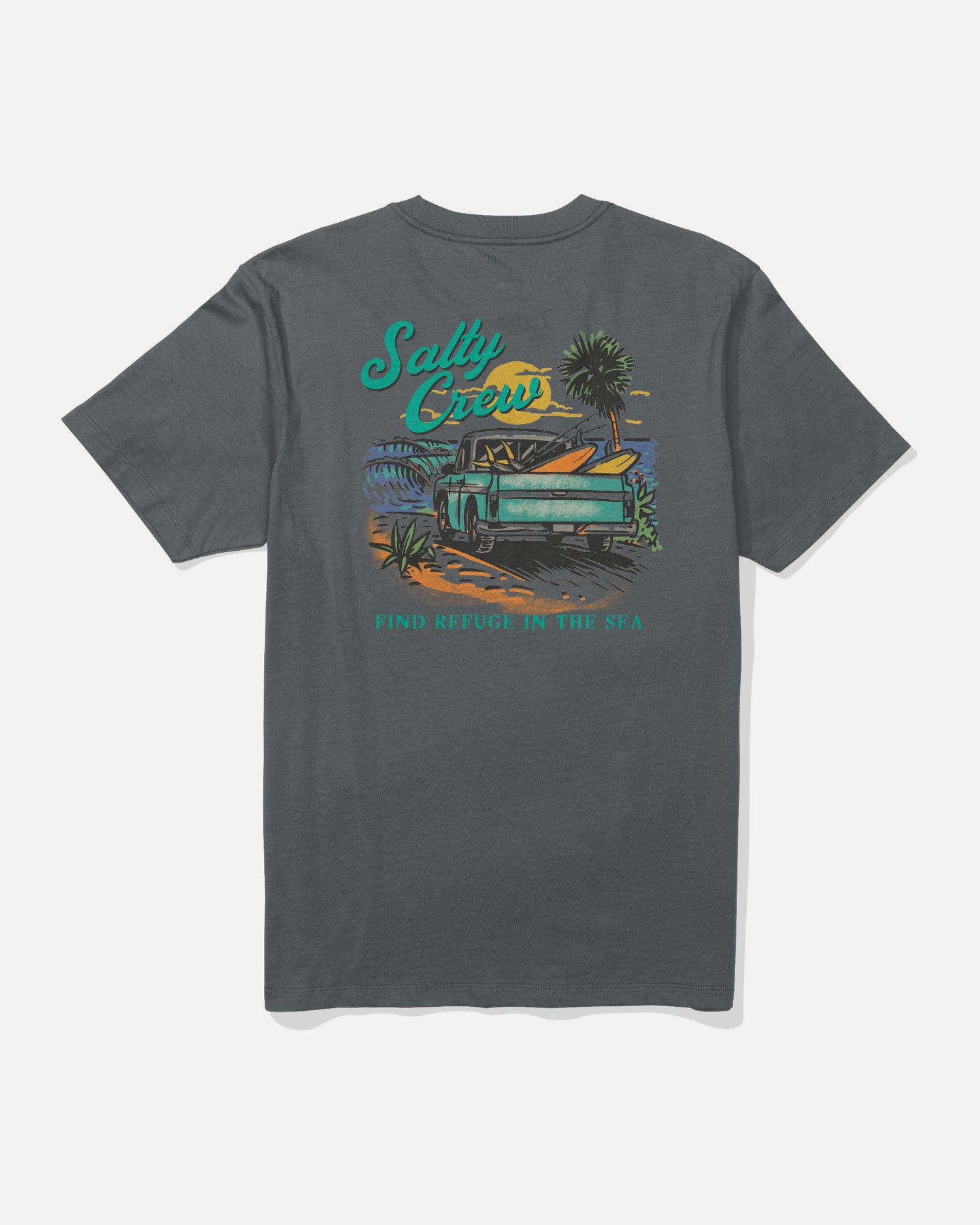Introducing the Salty Crew Truck Bed Crew Tee in Charcoal—a soft, combed ringspun cotton t-shirt featuring a vibrant screenprinted graphic of a truck beneath palm trees at sunset. The artwork is accented by “Salty Crew” above and “Find Refuge in the Sea” below, offering all-day comfort and standout style.