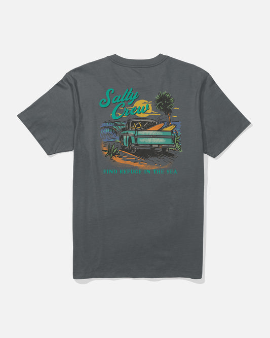 Introducing the Salty Crew Truck Bed Crew Tee in Charcoal—a soft, combed ringspun cotton t-shirt featuring a vibrant screenprinted graphic of a truck beneath palm trees at sunset. The artwork is accented by “Salty Crew” above and “Find Refuge in the Sea” below, offering all-day comfort and standout style.