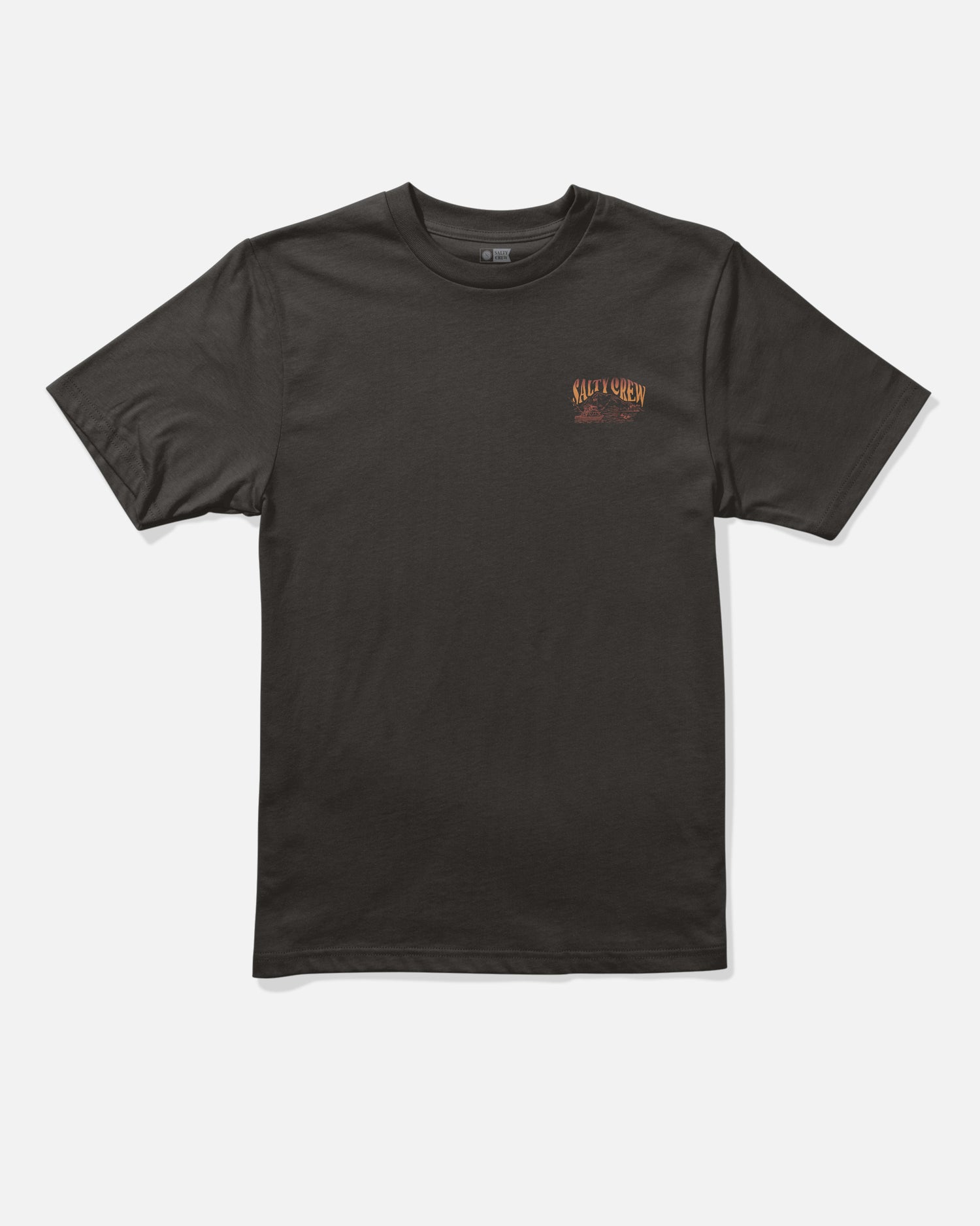 The Salty Crew Island Boys Tee in black is a short-sleeve cotton t-shirt featuring a small orange Salty Crew logo screenprinted on the left chest, shown against a white background.