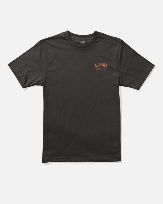 The Salty Crew Island Boys Tee in black is a short-sleeve cotton t-shirt featuring a small orange Salty Crew logo screenprinted on the left chest, shown against a white background.