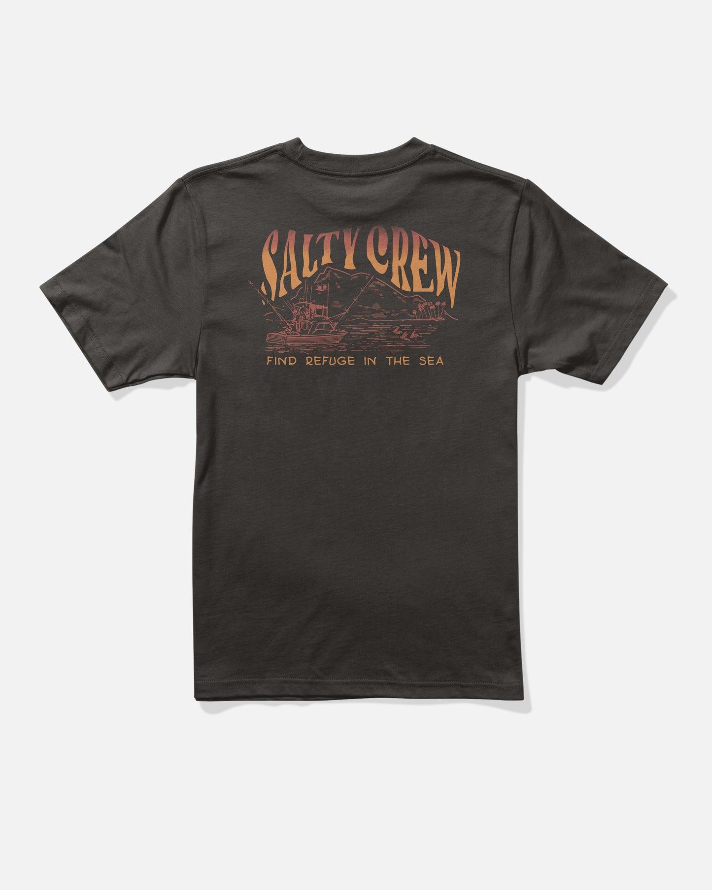 The Salty Crew Island Boys Tee in black features large orange “Salty Crew” text above a wave and boat graphic, crafted from soft combed ringspun cotton with screenprinted details. The phrase “Find Refuge in the Sea” is printed below the design.