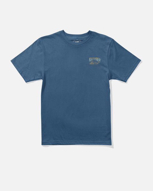 The Salty Crew Island Boys Tee in Cast Blue is a short-sleeve combed ringspun cotton t-shirt featuring a small Salty Crew logo and graphic screenprinted on the left chest. The shirt is shown laid flat against a white background.