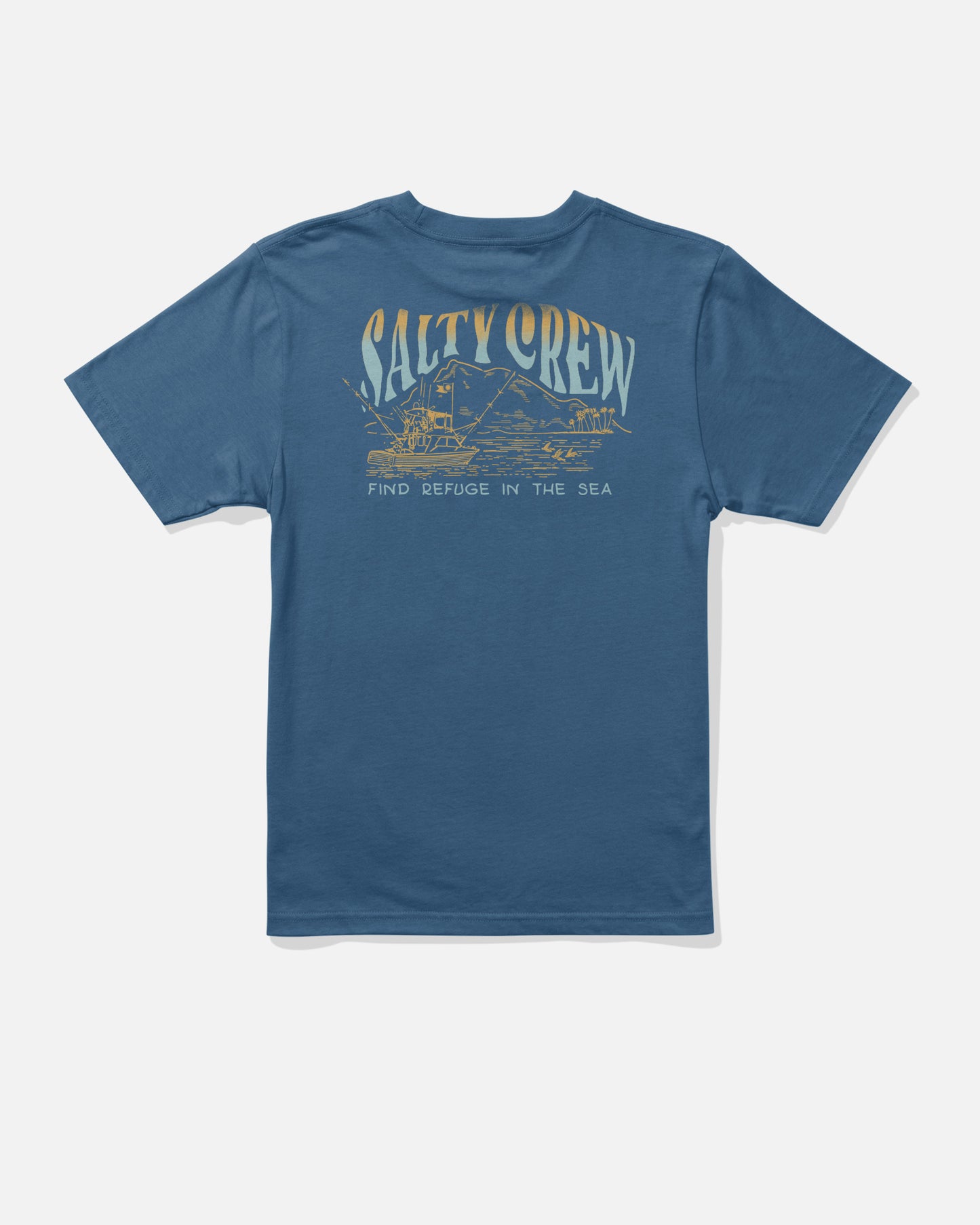 The Salty Crew Island Boys Tee in Cast Blue is crafted from soft combed ringspun cotton for all-day comfort. This tee features a screenprinted back graphic showcasing a beach cabin, palm trees, and waves in tan and yellow tones, with “Salty Crew” and “Find Refuge in the Sea” printed across the design.