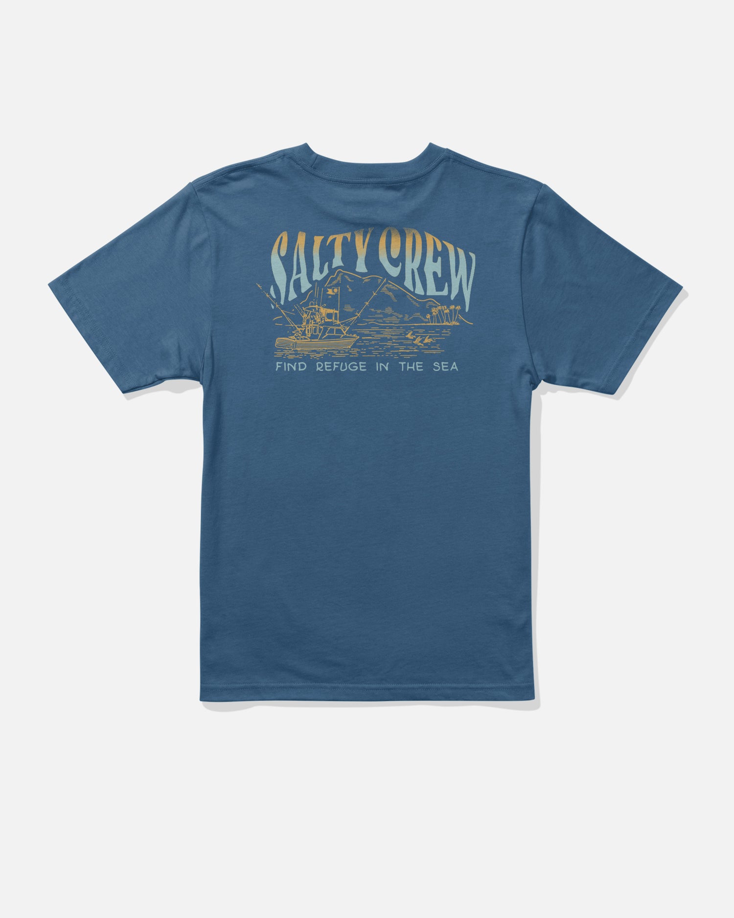 The Salty Crew Island Boys Tee in Cast Blue is crafted from soft combed ringspun cotton for all-day comfort. This tee features a screenprinted back graphic showcasing a beach cabin, palm trees, and waves in tan and yellow tones, with “Salty Crew” and “Find Refuge in the Sea” printed across the design.