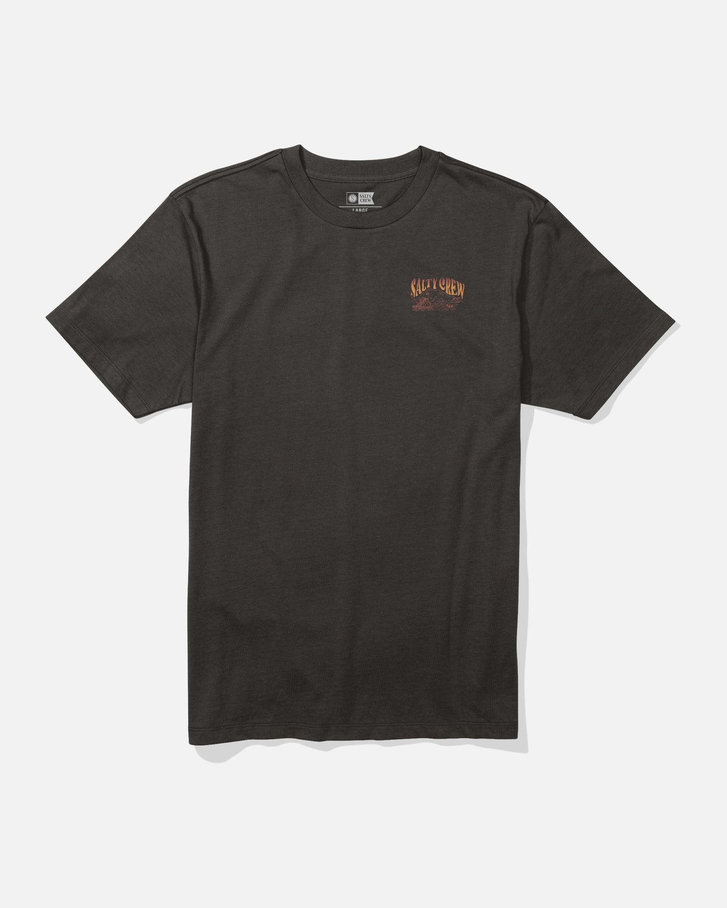 The Salty Crew Island Crew Tee in black features short sleeves and cotton fabric, with a small orange and yellow Salty Crew logo screenprinted on the left chest, shown against a plain white background.