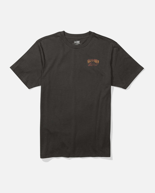 The Salty Crew Island Crew Tee in black features short sleeves and cotton fabric, with a small orange and yellow Salty Crew logo screenprinted on the left chest, shown against a plain white background.