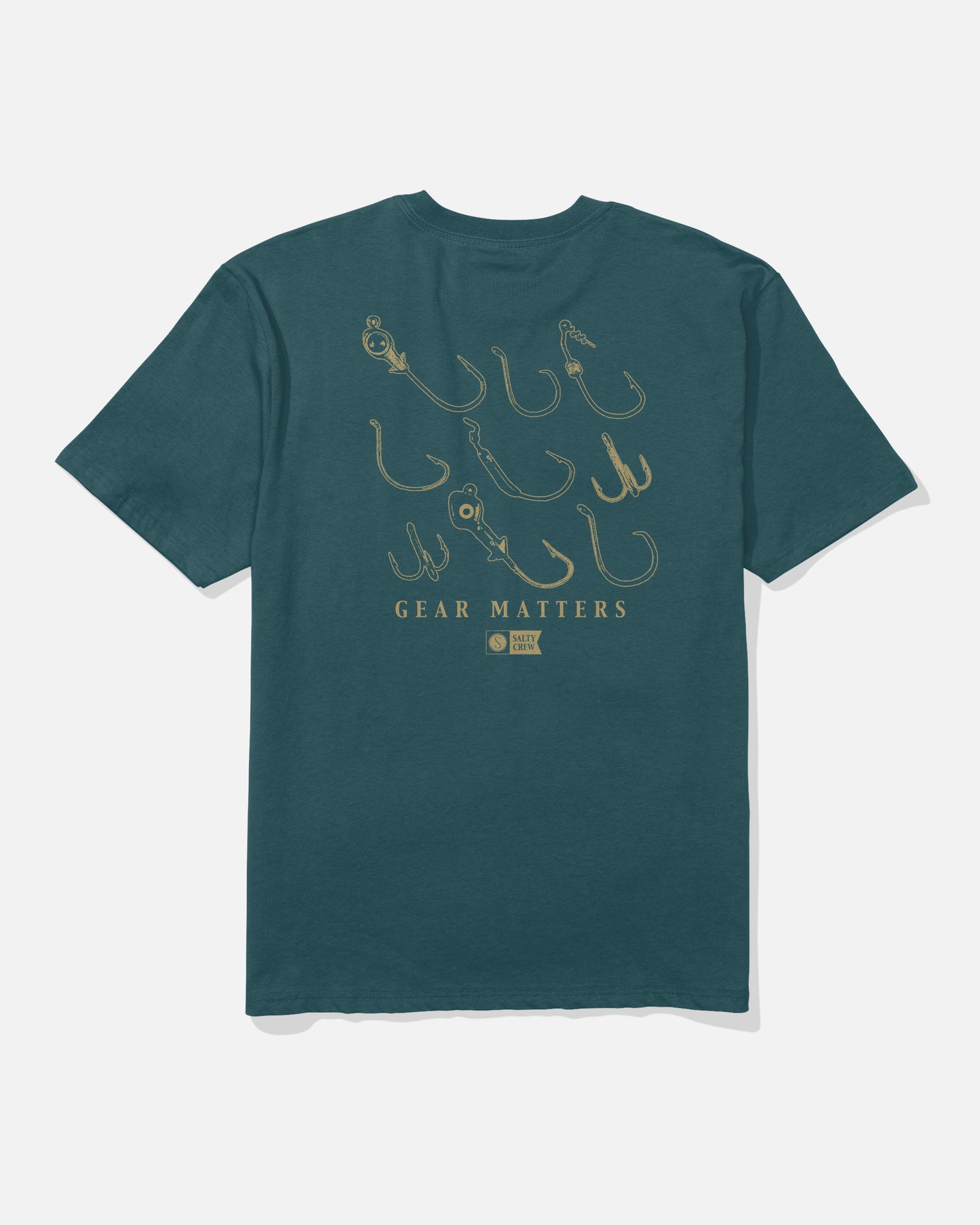 The Salty Crew Fish Gear Original Tee in Atlantic Blue features a soft spun, 100% cotton construction for ultimate comfort. The back is screenprinted with various fishing hook illustrations and the words “GEAR MATTERS” in beige.