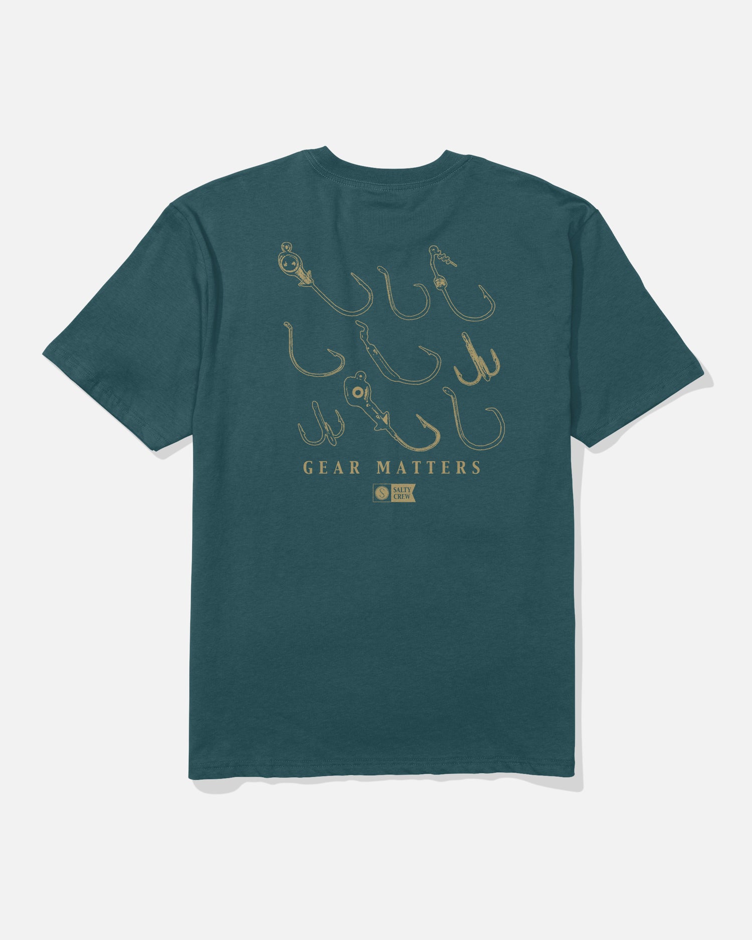 The Salty Crew Fish Gear Original Tee in Atlantic Blue features a soft spun, 100% cotton construction for ultimate comfort. The back is screenprinted with various fishing hook illustrations and the words “GEAR MATTERS” in beige.