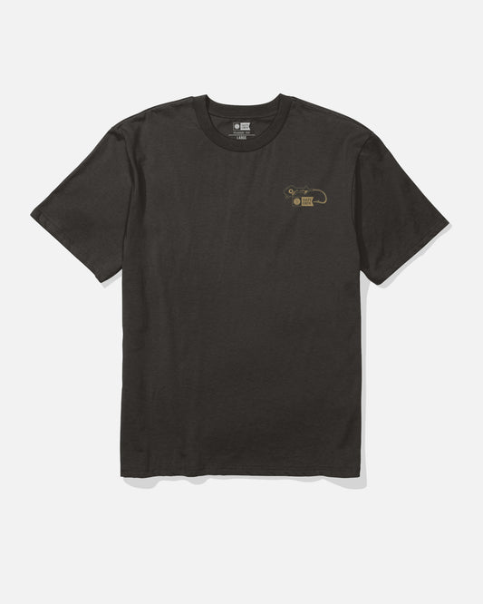 The Salty Crew Fish Gear Original Tee - Black is a short-sleeve t-shirt made from soft spun 100% cotton, featuring a small yellow screenprinted graphic and text on the left chest, shown against a white background.
