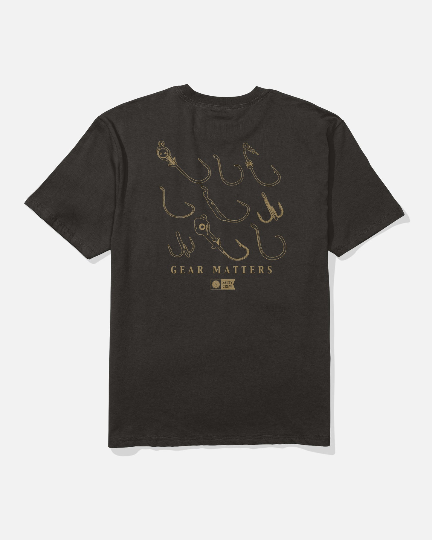 The Salty Crew Fish Gear Original Tee - Black is crafted from 100% soft spun cotton for superior comfort and features line art illustrations of various fishing hooks screenprinted on the back above the words “GEAR MATTERS,” along with a small round logo.