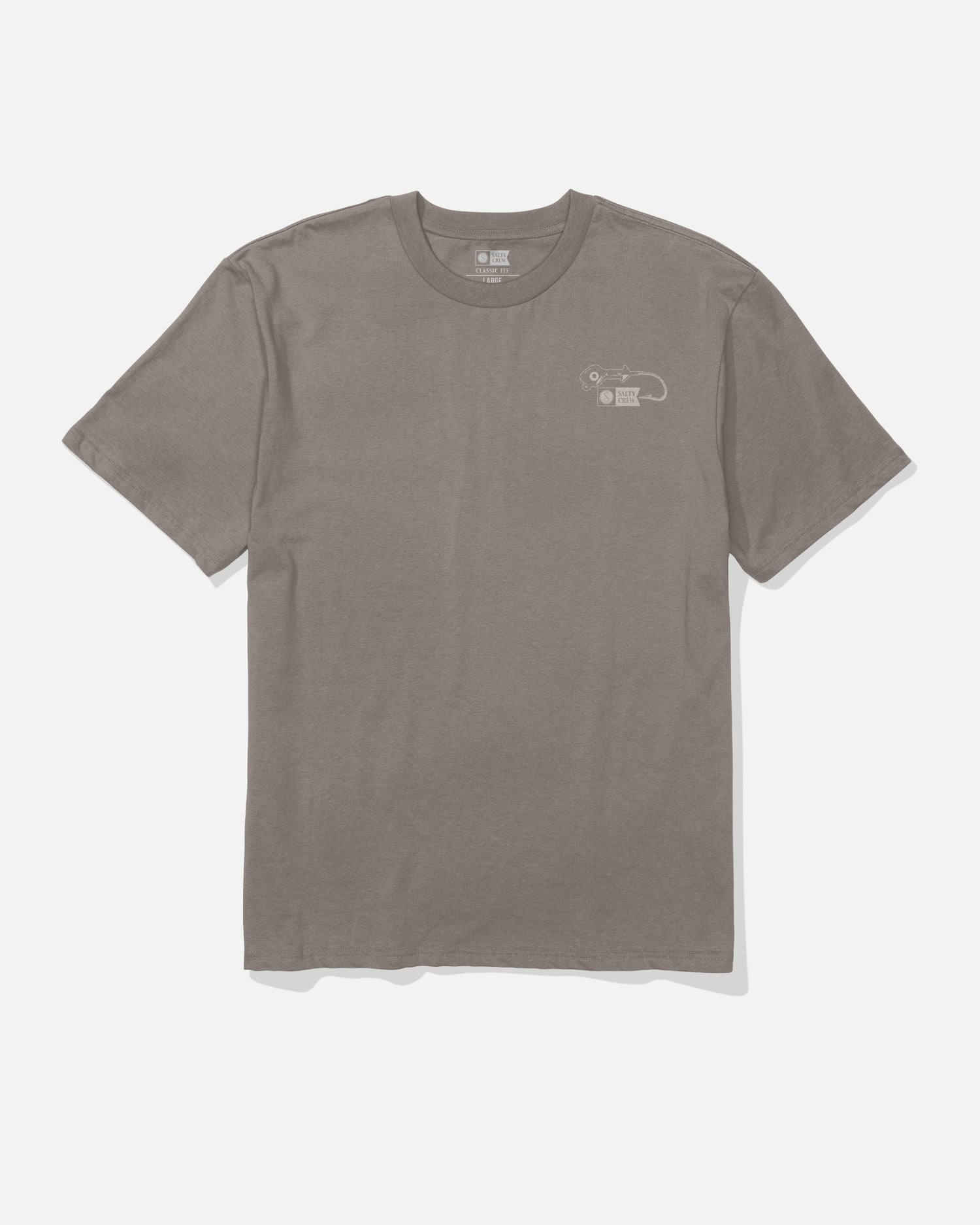 Salty Crew Fish Gear Original Tee in Cinder—short-sleeve soft spun cotton t-shirt featuring a small, light-colored screenprinted graphic and text on the left chest, displayed flat on a white background.