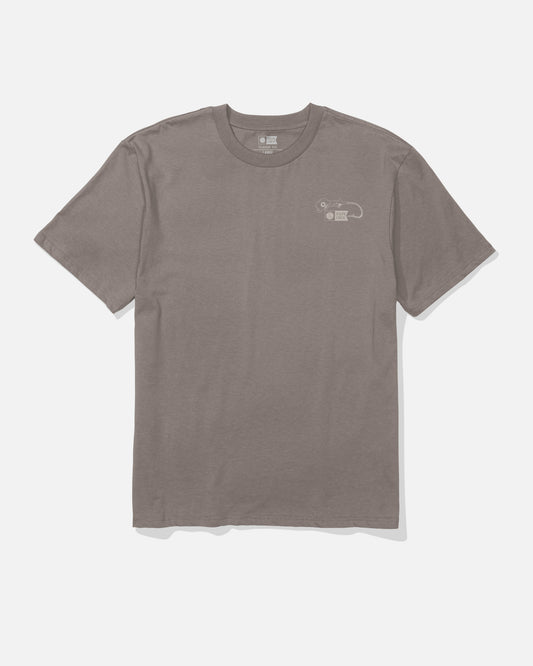 Salty Crew Fish Gear Original Tee in Cinder—short-sleeve soft spun cotton t-shirt featuring a small, light-colored screenprinted graphic and text on the left chest, displayed flat on a white background.