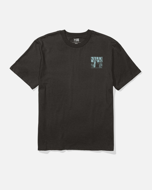 The Salty Crew Speared Original Tee - Black is a 100% cotton short-sleeve t-shirt, featuring a small blue abstract graphic and text screenprinted on the left chest, shown against a plain white background.