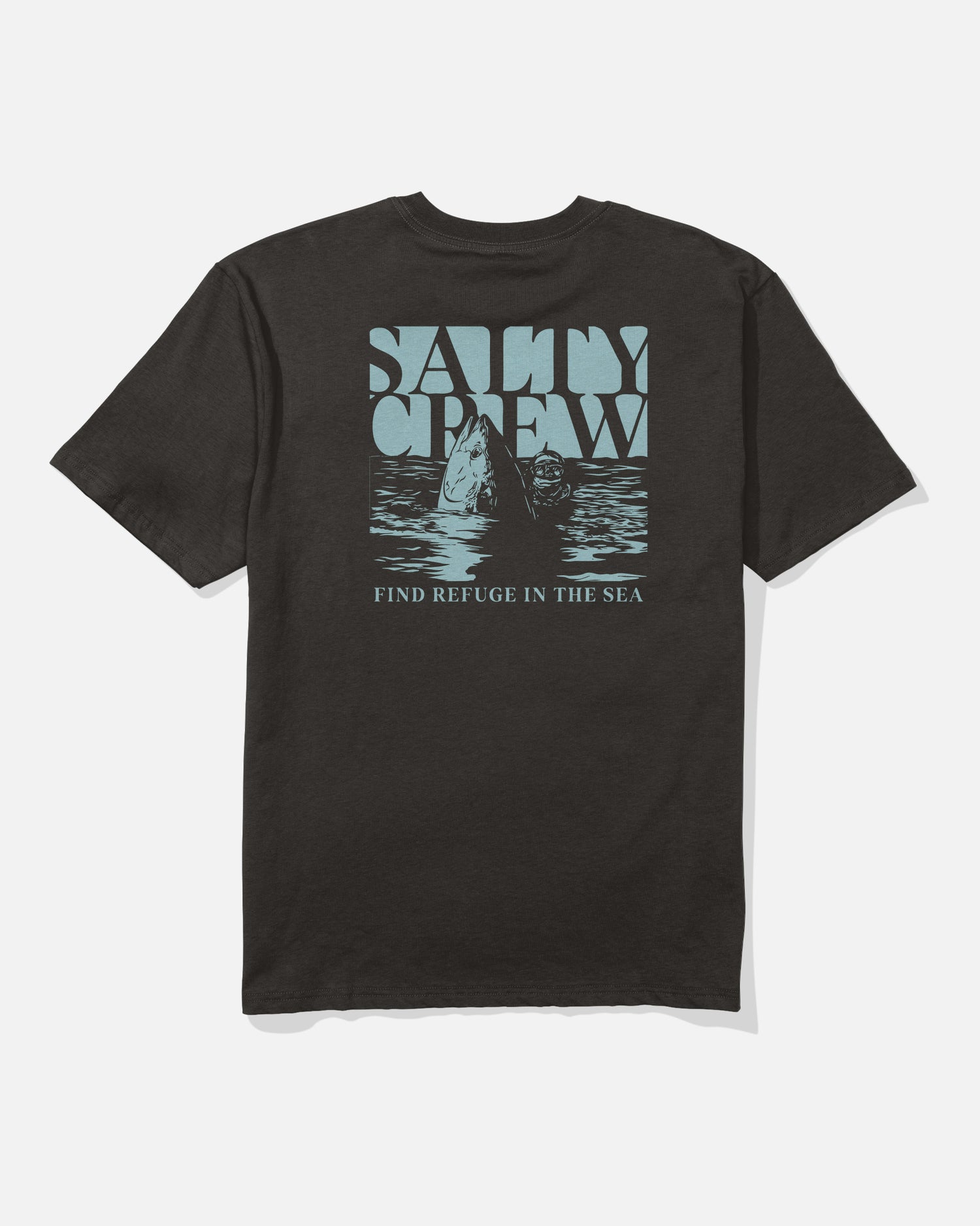 The Salty Crew Speared Original Tee in black features a blue screenprinted graphic of a shark fin and swimmer, with “SALTY CREW” above and “FIND REFUGE IN THE SEA” below. Crafted from soft spun, 100% cotton.