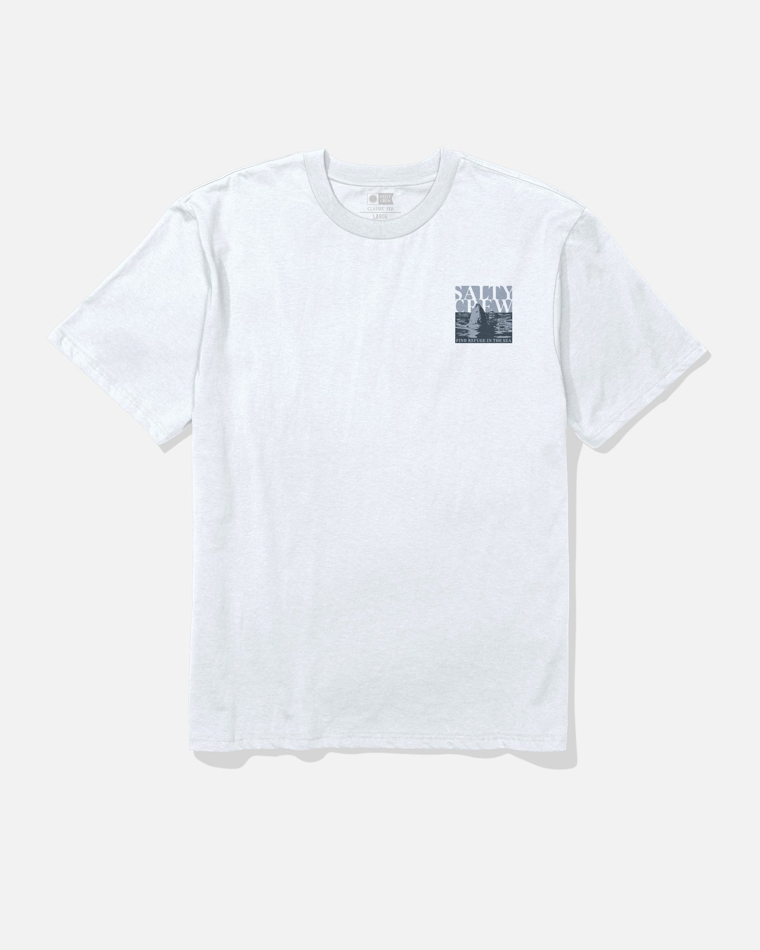 The Salty Crew Speared Original Tee - White is a soft spun 100% cotton short-sleeve T-shirt, featuring a small black-and-white screenprinted graphic on the left chest, displayed against a light gray background.