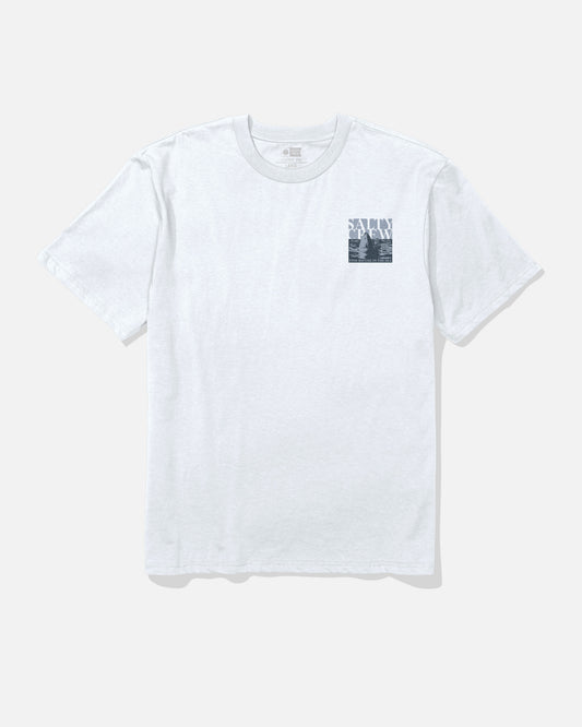 The Salty Crew Speared Original Tee - White is a soft spun 100% cotton short-sleeve T-shirt, featuring a small black-and-white screenprinted graphic on the left chest, displayed against a light gray background.
