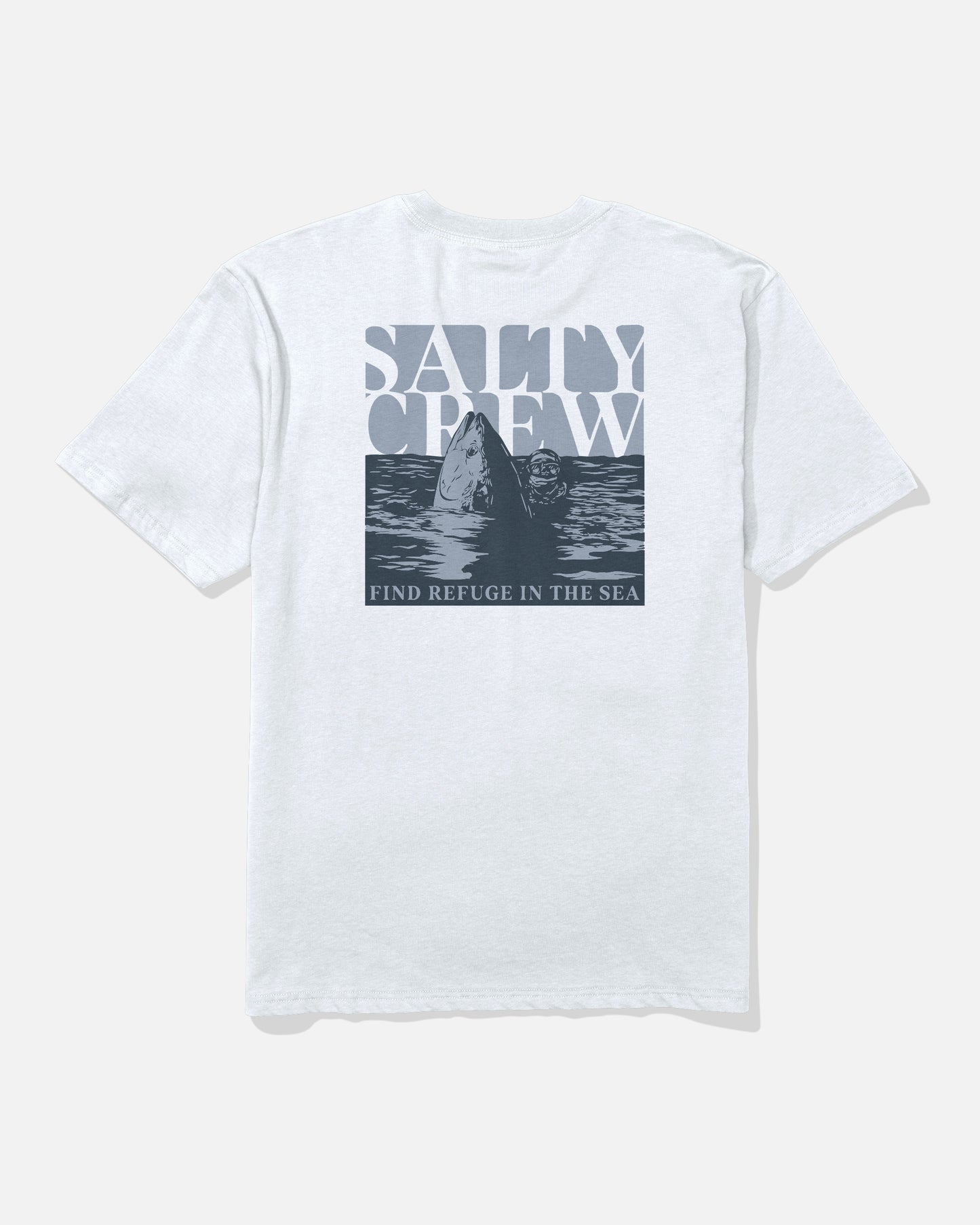 Introducing the Speared Original Tee in White by Salty Crew, crafted from soft spun, 100% cotton. This t-shirt features a screenprinted graphic on the back depicting a large fish in water alongside a person in scuba gear, with “SALTY CREW” above and “FIND REFUGE IN THE SEA” below.