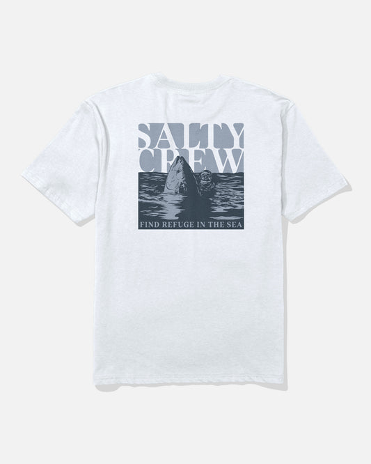 Introducing the Speared Original Tee in White by Salty Crew, crafted from soft spun, 100% cotton. This t-shirt features a screenprinted graphic on the back depicting a large fish in water alongside a person in scuba gear, with “SALTY CREW” above and “FIND REFUGE IN THE SEA” below.