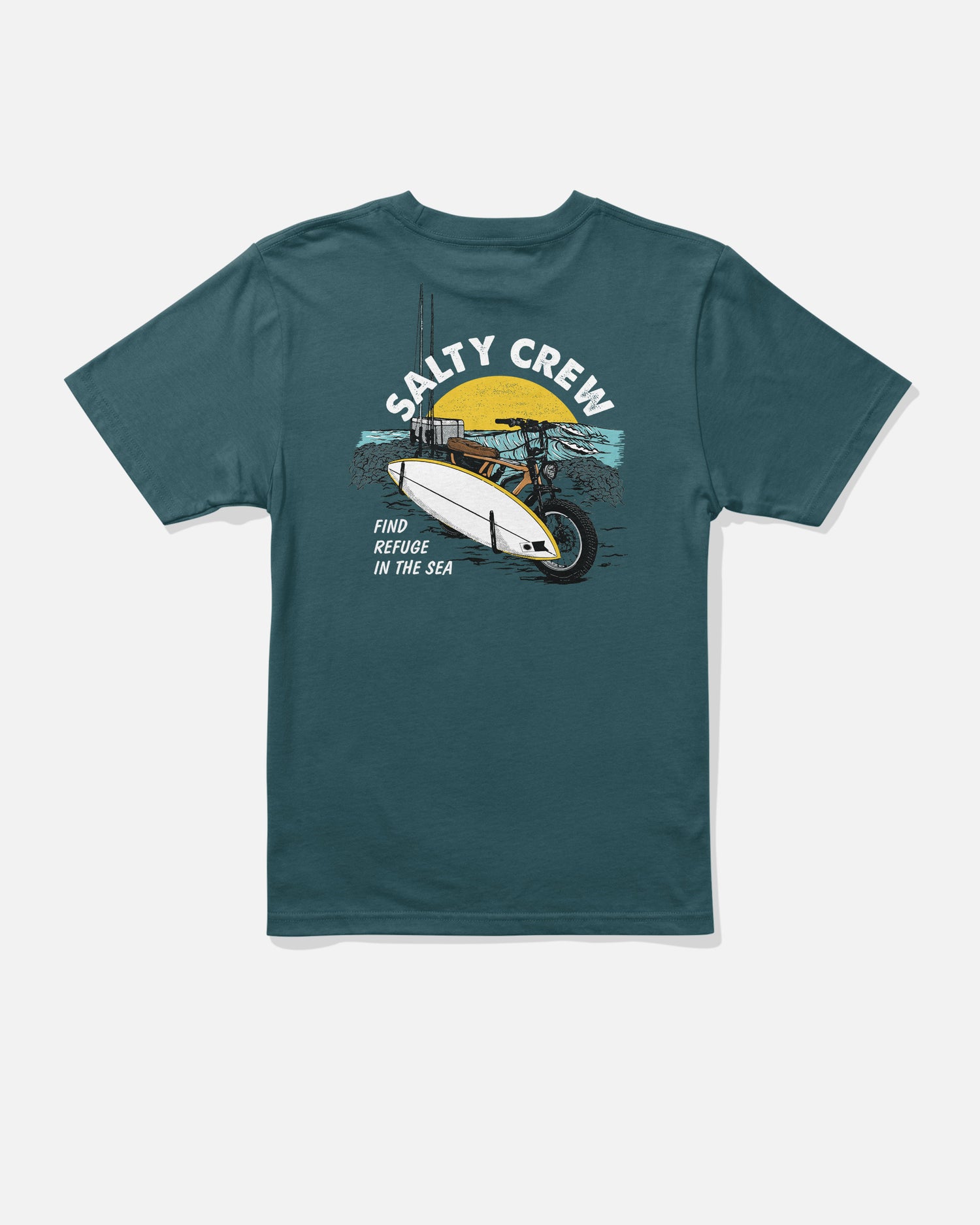 Introducing the Salty Crew Beach Cruiser Boys Tee in Atlantic Blue—a soft combed ringspun cotton t-shirt designed for comfort and durability. This tee features a screenprinted graphic of a wooden boat on water with a yellow sun in the background. The text “SALTY CREW” appears at the top, while “FIND REFUGE IN THE SEA” is printed at the bottom left of the graphic.
