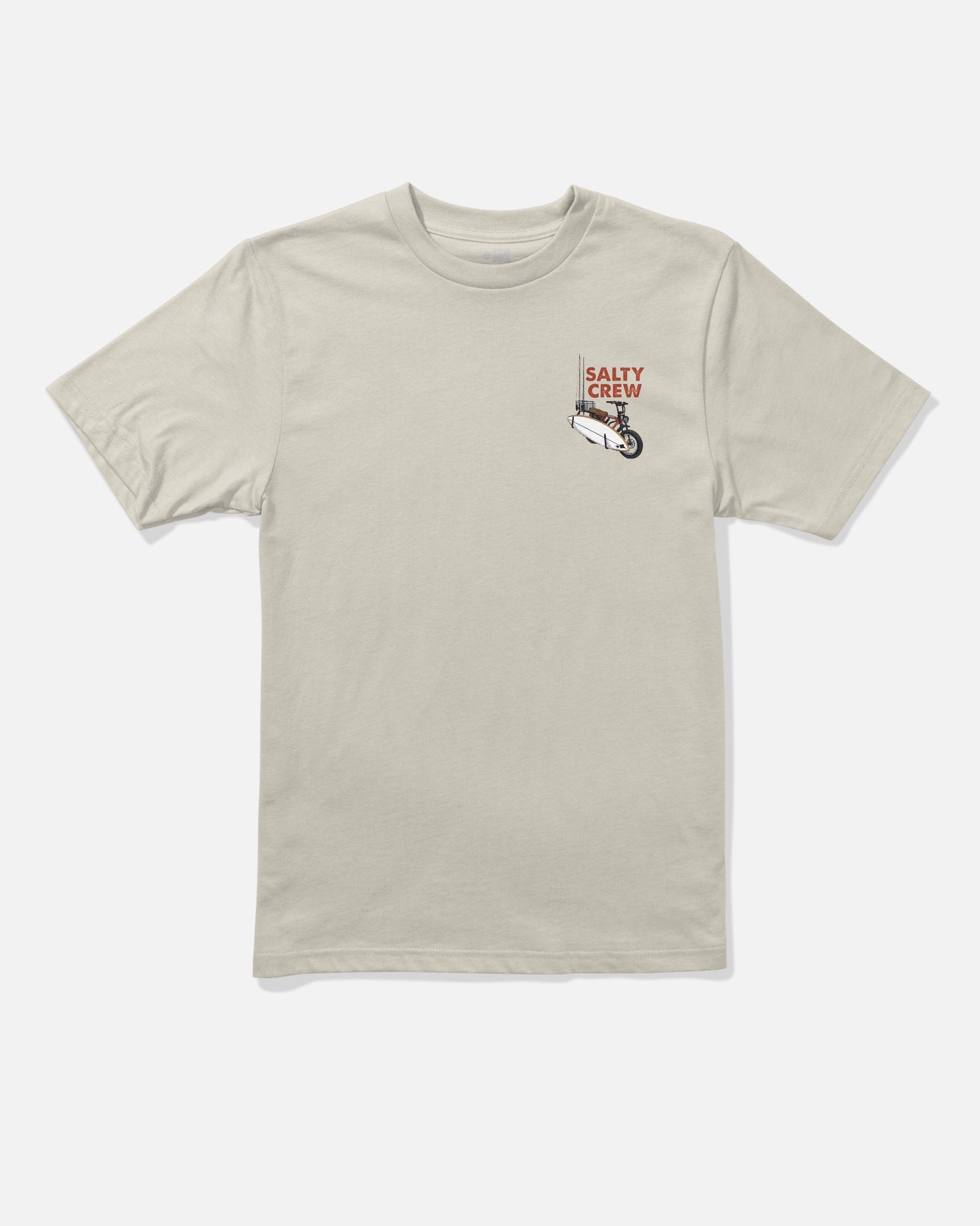 Bone-colored short-sleeve Salty Crew Beach Cruiser Boys Tee made from combed ringspun cotton, featuring a small SALTY CREW logo and a screenprinted fish graphic on the left chest, displayed against a plain white background.