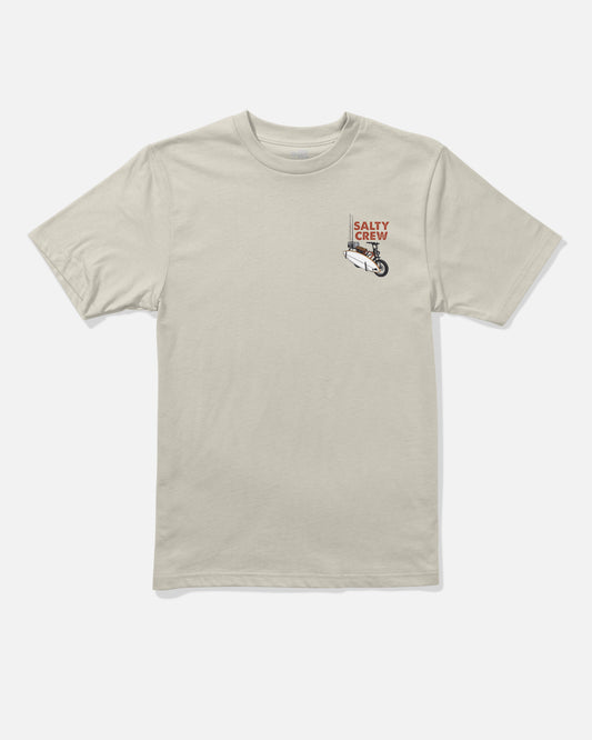 Bone-colored short-sleeve Salty Crew Beach Cruiser Boys Tee made from combed ringspun cotton, featuring a small SALTY CREW logo and a screenprinted fish graphic on the left chest, displayed against a plain white background.