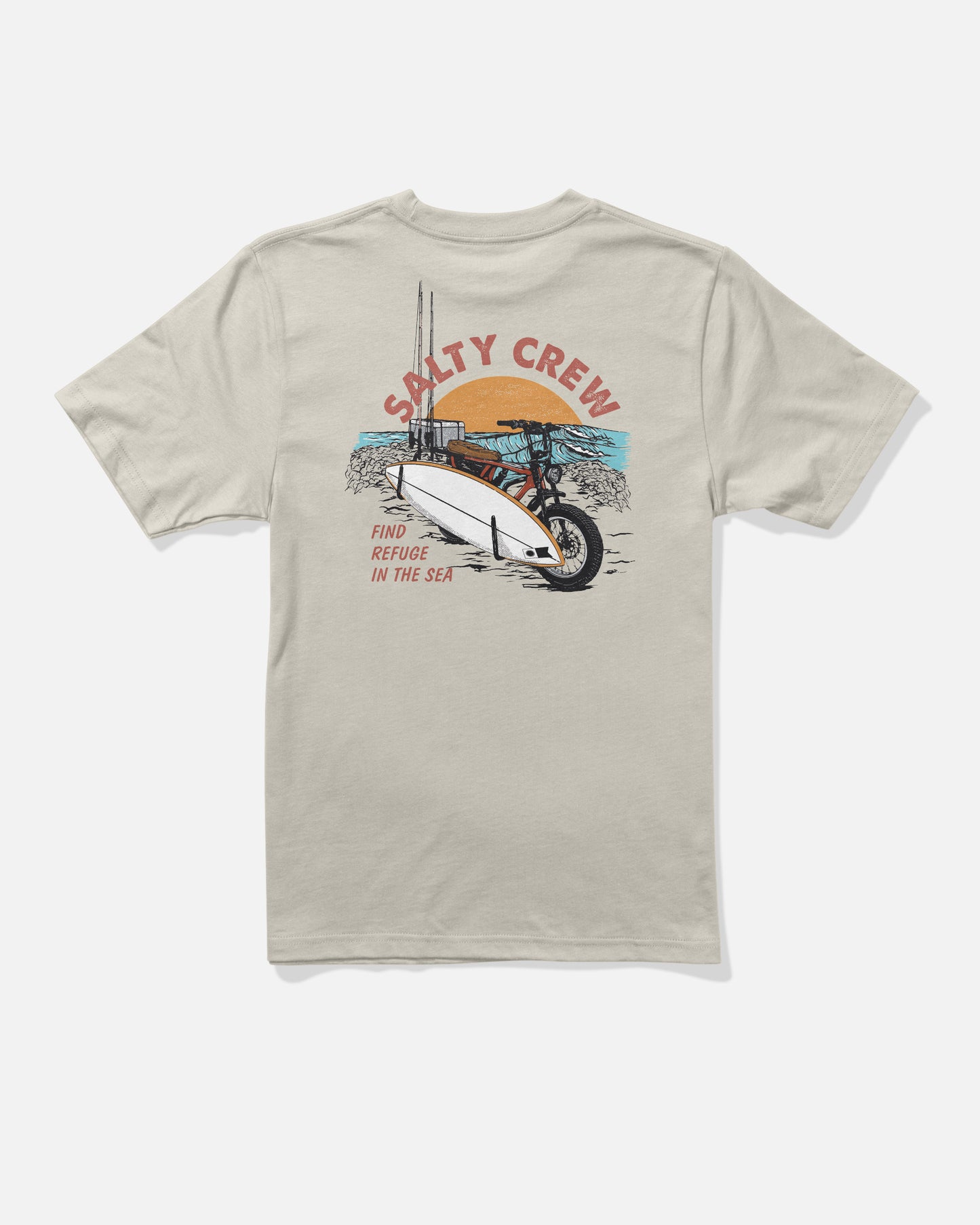 The Beach Cruiser Boys Tee - Bone by Salty Crew is a beige, combed ringspun cotton t-shirt featuring a screenprinted illustration of a bike carrying a surfboard by the beach, with “SALTY CREW” printed above and “FIND REFUGE IN THE SEA” below.