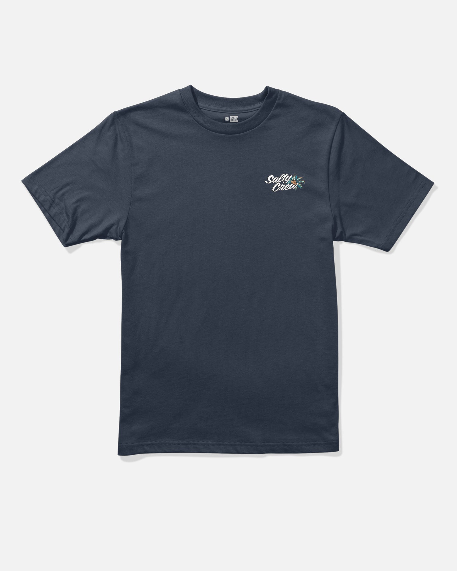 Introducing the Salty Crew Make Waves Boys Tee in navy—a short-sleeve, combed ringspun cotton t-shirt featuring a small Salt Creek logo and palm tree graphic screenprinted on the left chest. The shirt is displayed laid flat against a plain white background.
