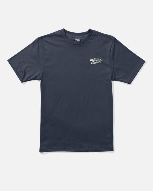 Introducing the Salty Crew Make Waves Boys Tee in navy—a short-sleeve, combed ringspun cotton t-shirt featuring a small Salt Creek logo and palm tree graphic screenprinted on the left chest. The shirt is displayed laid flat against a plain white background.