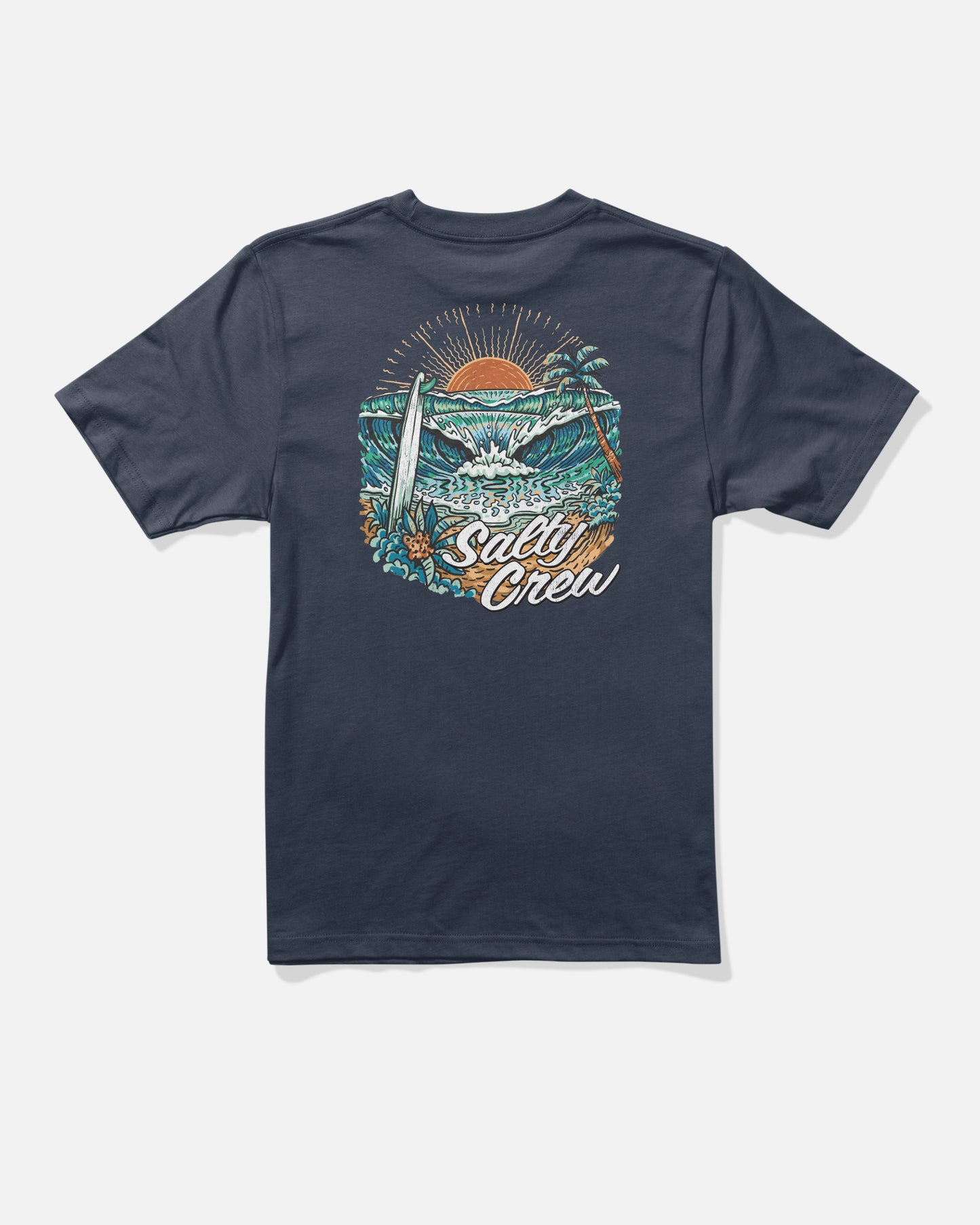 The Salty Crew Make Waves Boys Tee in navy is crafted from soft combed ringspun cotton and features a vibrant screenprinted graphic of a surfboard, palm trees, ocean waves, and a sunset. Bold “Salty Crew” script appears on the back.