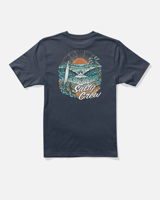 The Salty Crew Make Waves Boys Tee in navy is crafted from soft combed ringspun cotton and features a vibrant screenprinted graphic of a surfboard, palm trees, ocean waves, and a sunset. Bold “Salty Crew” script appears on the back.