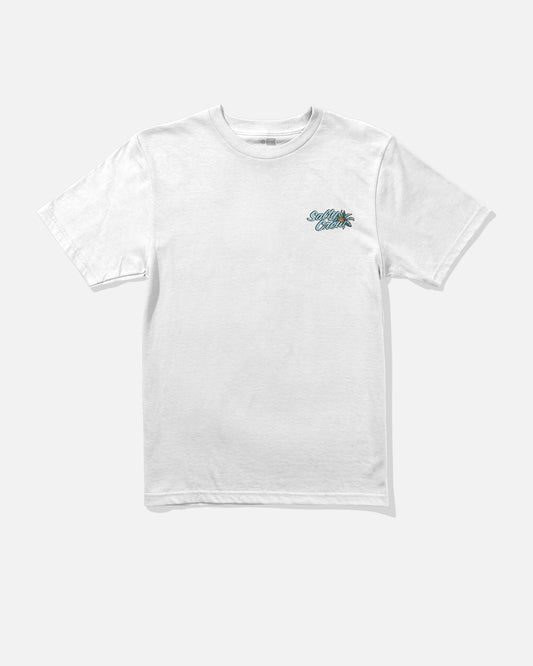 The Salty Crew Make Waves Boys Tee in white is a short-sleeve, combed ringspun cotton t-shirt featuring a small screenprinted tropical palm tree graphic and Salt Life text on the left chest, shown on a light gray background.
