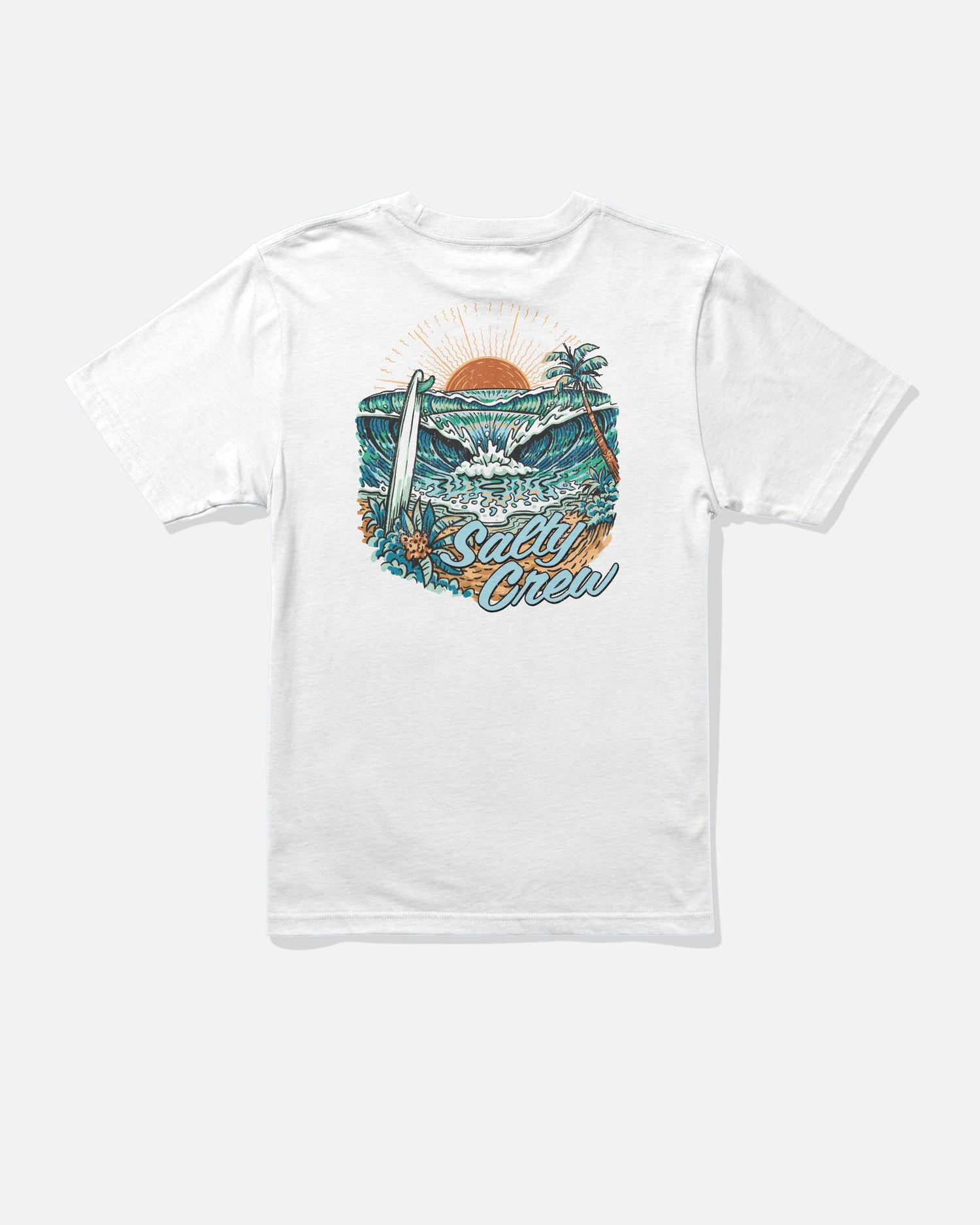 The Salty Crew Make Waves Boys Tee in white features a vibrant beach scene with waves, palm trees, a surfboard, and a sunset. This soft combed ringspun cotton t-shirt showcases the Salty Crew logo in large script screenprinted at the bottom of the design.