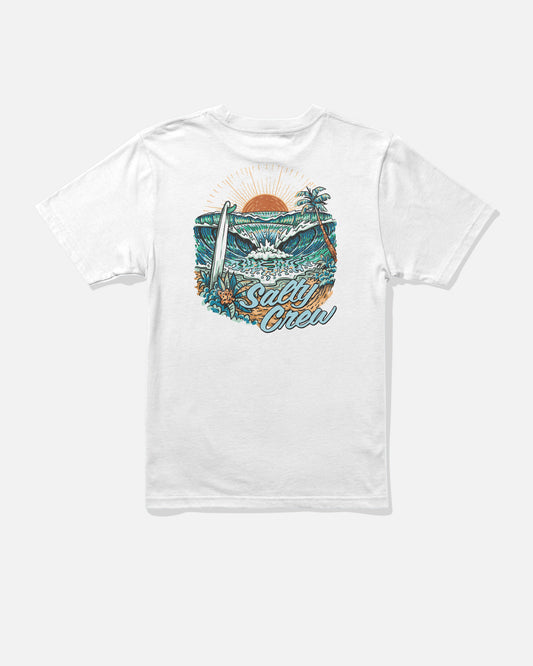 The Salty Crew Make Waves Boys Tee in white features a vibrant beach scene with waves, palm trees, a surfboard, and a sunset. This soft combed ringspun cotton t-shirt showcases the Salty Crew logo in large script screenprinted at the bottom of the design.