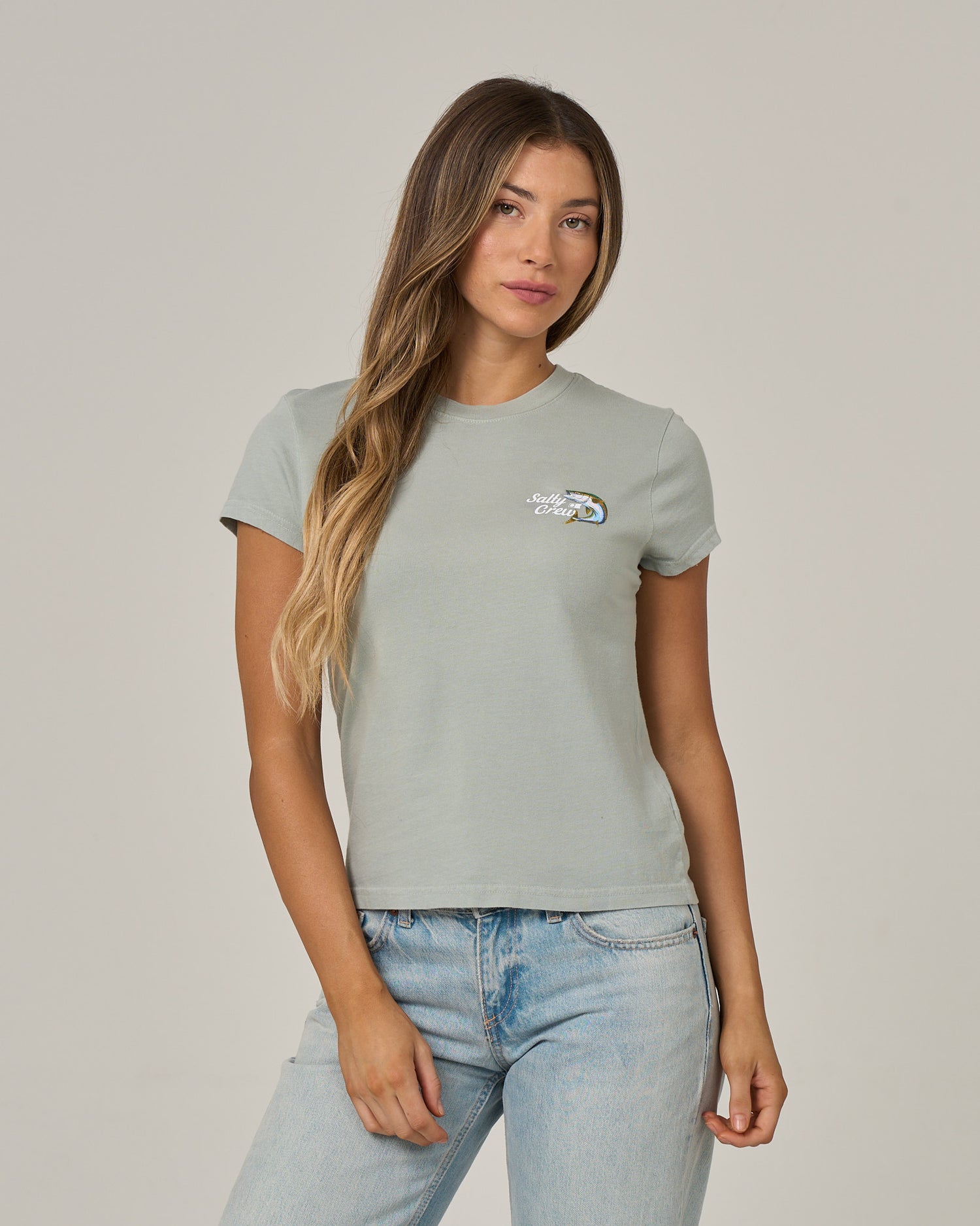 Front view of the Yellow Tailed Modern Tee - Aqua Grey. 