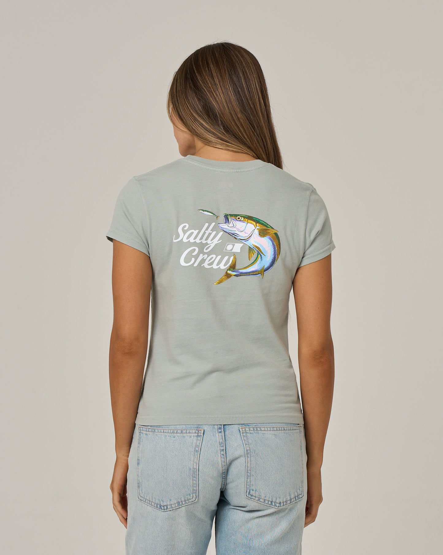 Back view of the Yellow Tailed Modern Tee - Aqua Grey. 