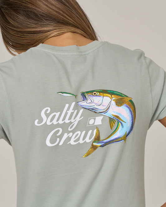 Close up back shot of the Yellow Tailed Modern Tee - Aqua Grey. 
