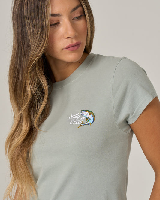 Close up front shot of the Yellow Tailed Modern Tee - Aqua Grey. 