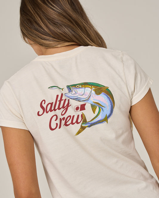 Close up back view of the Yellow Tailed Modern Tee - Off White. 
