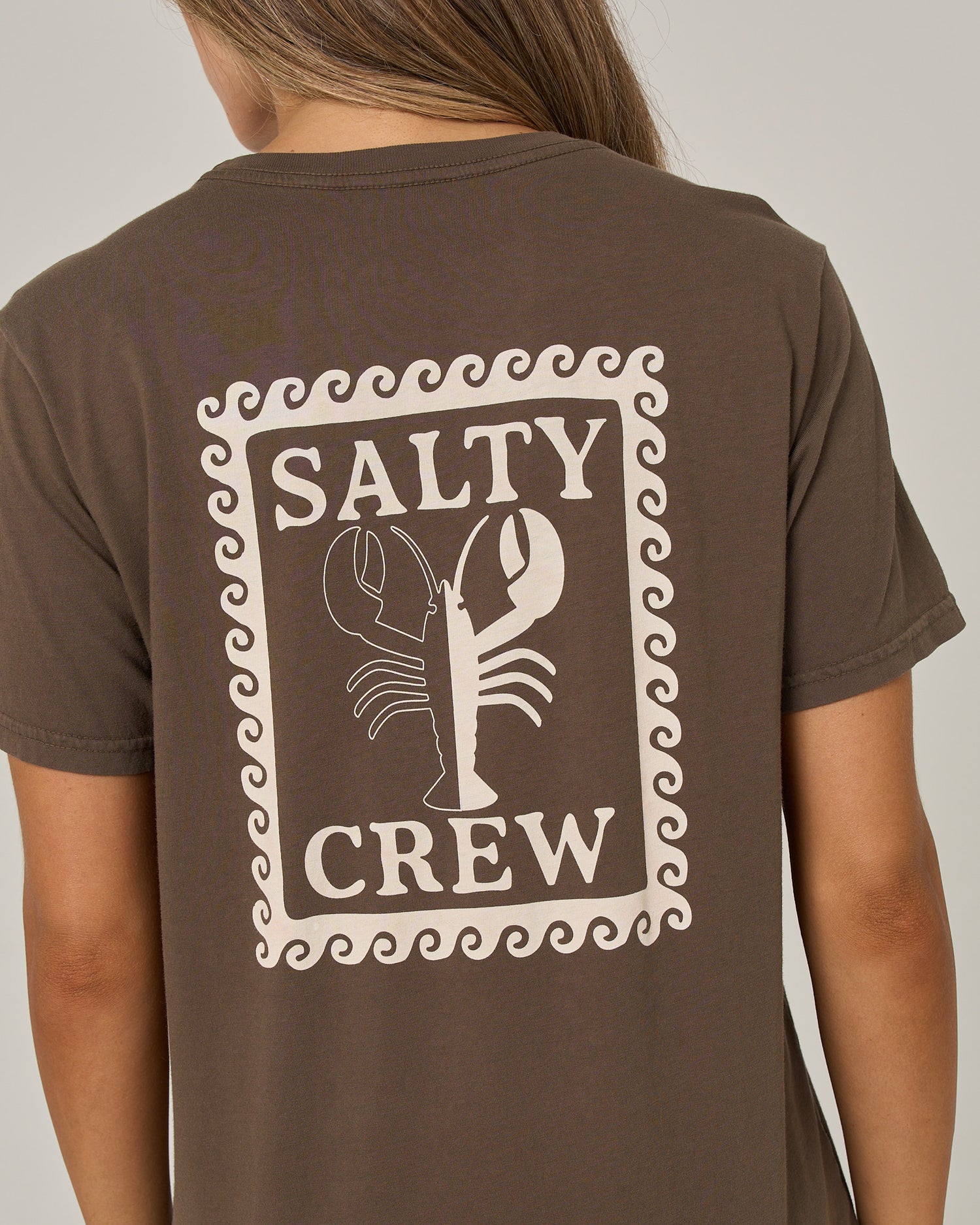 A person wearing the Salty Crew Lobster Roll Boyfriend Tee in washed brown, a relaxed fit shirt featuring a cream lobster graphic and “SALTY CREW” text on the back, all framed by a wavy border.