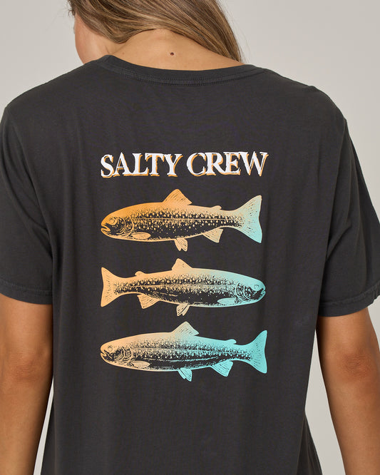 Daily Catch Boyfriend Tee in dark charcoal, featuring a back print of the text Salty Crew above three stacked, colorful illustrations of trout.