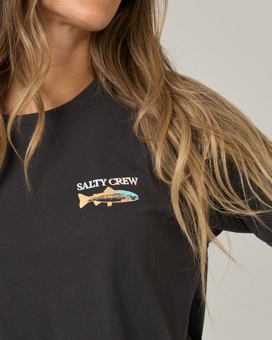 Close-up of a charcoal Daily Catch Boyfriend Tee featuring a chest graphic of a fish silhouette and the text SALTY CREW.