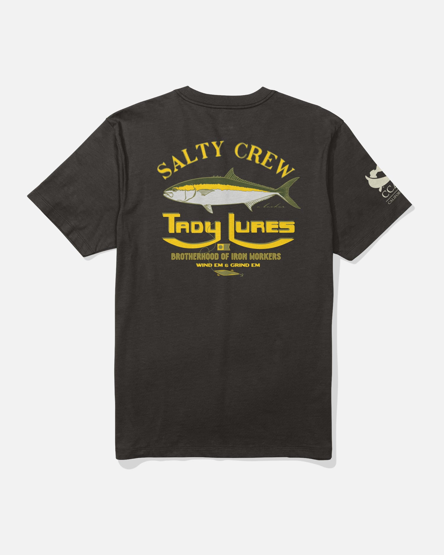 Back view of black PCS Tady x Salty Crew Brotherhood Tee with yellow fish graphic and bold logo text